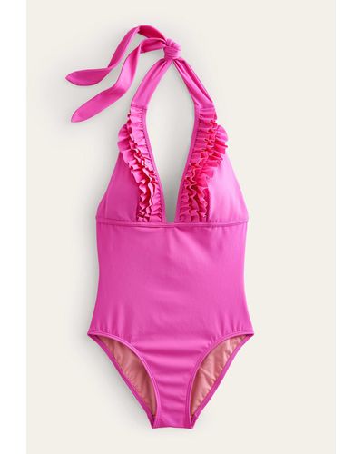 Boden Gerüschter neckholder-badeanzug mit v-ausschnitt - Pink