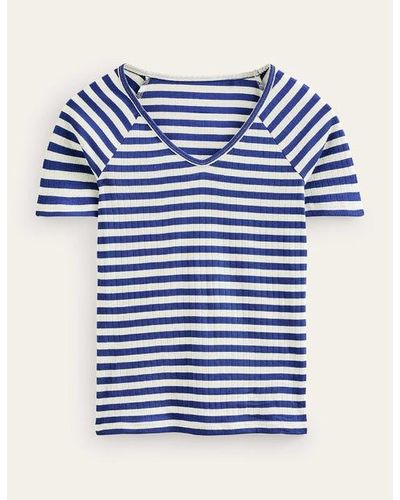 Boden Anna Rib V-neck T-shirt Lapis Blue, Ivory Stripe