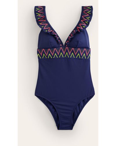 Boden Embroidered Ruffle Swimsuit - Blue