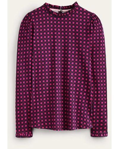 Boden Supersoft Frill Detail Top Vibrant Pink, Abstract Diamond - Purple