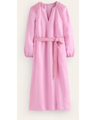 Boden Linen Midi Smocked Dress - Pink