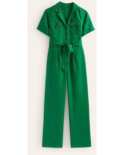 Boden Belted Linen Jumpsuit - Green