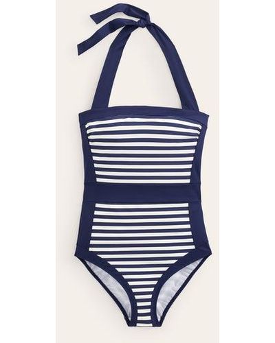 Boden Santorini Halterneck Swimsuit French Navy, Ivory Stripe - Blue