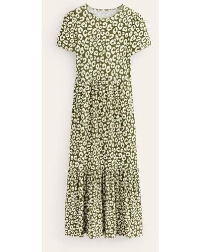 Boden Emma Tiered Jersey Midi Dress Moss, Animal Cheetah - Green