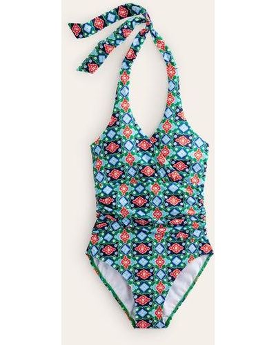 Boden Levanzo Ruched Halter Swimsuit Green Tambourine, Coastal Tile - Blue