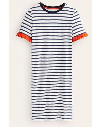 Boden Emily Ruffle Cotton Dress Ivory, Navy Stripe - Blue