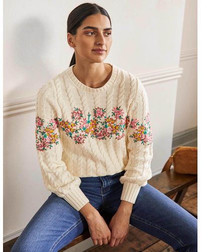 Boden Embroidered Cable Knit Sweater /floral Embroidery - White