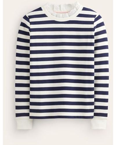 Boden Broderie Trim Sweatshirt Ivory, Navy Stripe - Blue