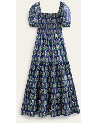 Boden Smocked Bodice Maxi Dress French Navy, Artisan Bloom - Blue