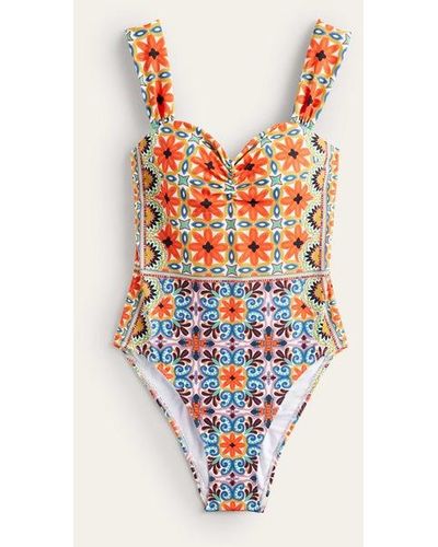 Boden Pleated Sweetheart Swimsuit Tigerlily, Tapestry Geo - Orange