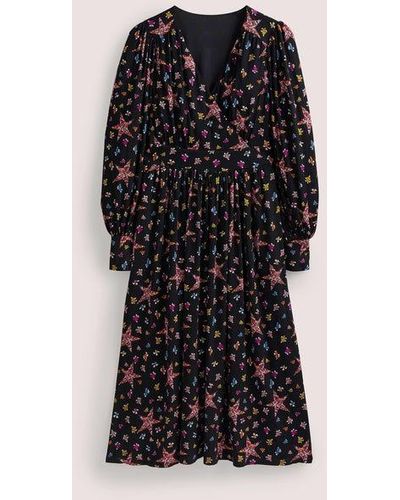 Boden Fixed Wrap Jersey Midi Dress Black, Star Floral