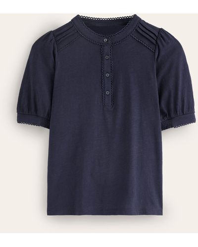 Boden Pintuck Puff Sleeve Henley - Blue