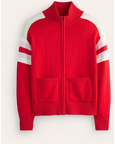 Boden Knitted Zip-up Cardigan Flame Scarlett, Ivory Stripe - Red