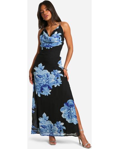 Boohoo Floral Print Cowl Neck Maxi Dress - Blue