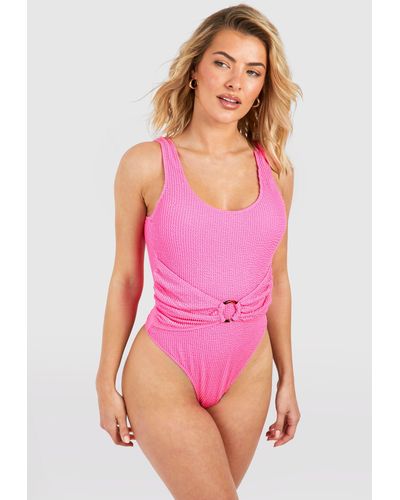 Boohoo Crinkle Tummy Control O-ring Scoop Bathing Suit - Pink