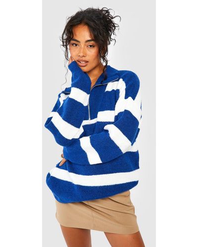 Boohoo Half Zip Funnel Neck Stripe Sweater - Blue