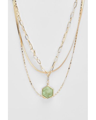 Boohoo Green Stone Drop Chain Necklace - White