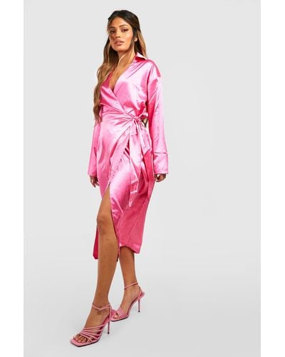 Boohoo Satin Wrap Midaxi Shirt Dress - Pink