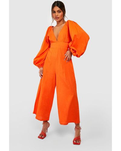 Boohoo Linen Balloon Sleeve Culotte Jumpsuit - Orange