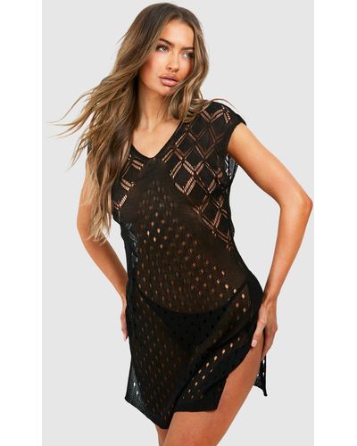 Boohoo Crochet Knit Cover-up Beach Dress - Black