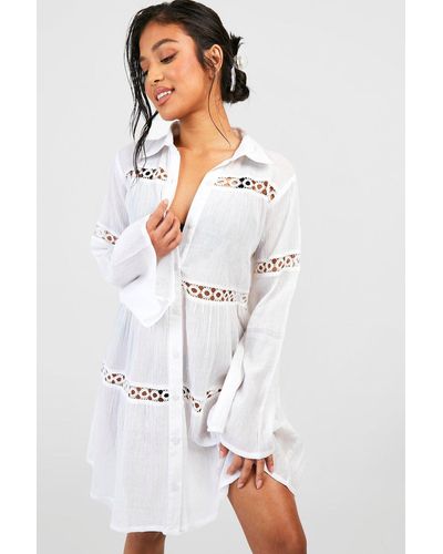 Boohoo Petite Cheesecloth Trim Beach Shirt Dress - White