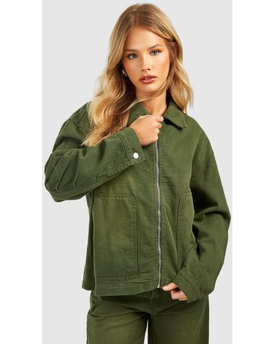 Boohoo Sandblast Zip Through Denim Jacket - Green