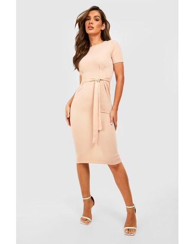 Boohoo Jersey Knit Crepe Pleat Front Belted Midi Dress - Natural