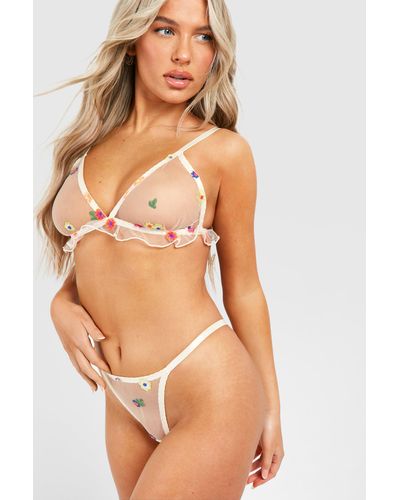 Boohoo Daisy Mesh Bralet And Thong Set - Natural