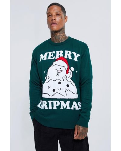BoohooMAN Merry Dripmas Christmas Sweater - Green