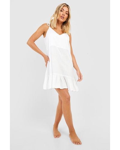 Boohoo Linen Look Strappy Beach Mini Dress - White