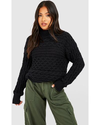 Boohoo Petite Cable Knit Roll Neck Sweater - Black