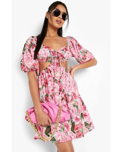 Boohoo Floral Cut Out Skater Dress - Pink