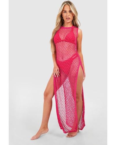Boohoo Crochet Cover-up Beach Maxi Dress - Pink