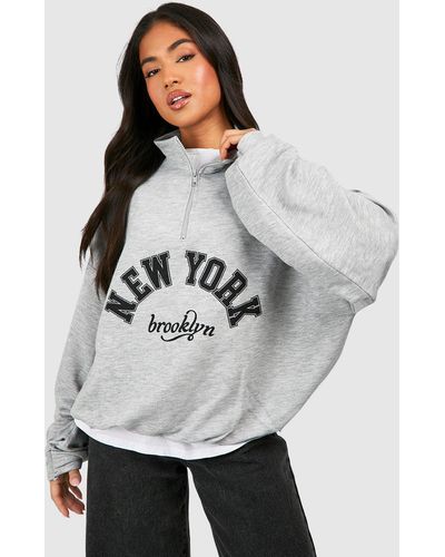 Boohoo Petite New York Half Zip Sweatshirt - Gray