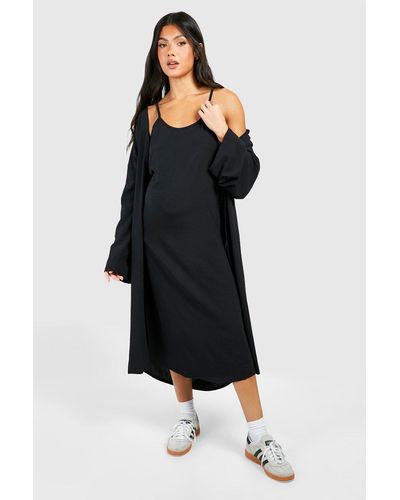 Boohoo Maternity Textured Strappy Midi Dress And Belted Kimono - Black