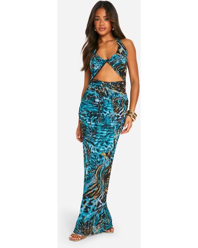 Boohoo Twist Detail Cut Out Animal Printed Mesh Maxi Dress - Blue