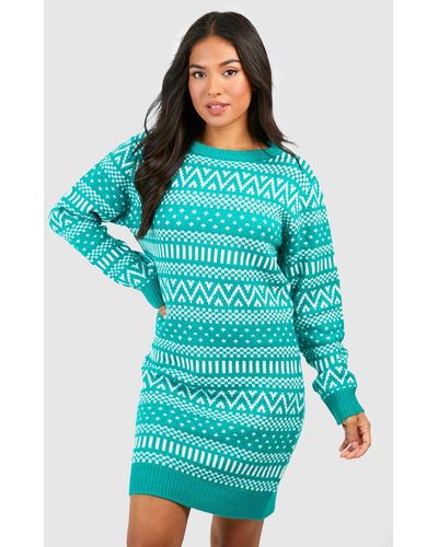 Boohoo Petite Fairisle Christmas Sweater Dress - Blue