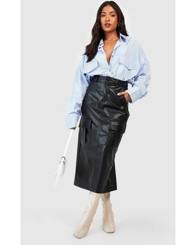 Boohoo Petite Leather Look Cargo Midaxi Skirt - Blue