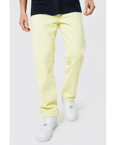 Boohoo Relaxed Fit Applique Washed Jeans - Yellow