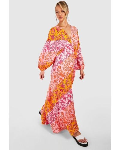 Boohoo Tall Mixed Floral Batwing Plunge Maxi Dress - Red