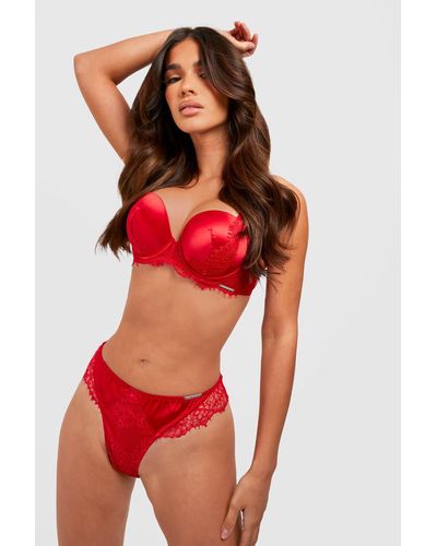 Boohoo Satin & Lace Super Push Up Bra - Red