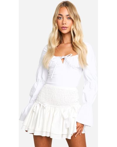 Boohoo Shirred Waist Ribbon Bow Mini Skirt - White