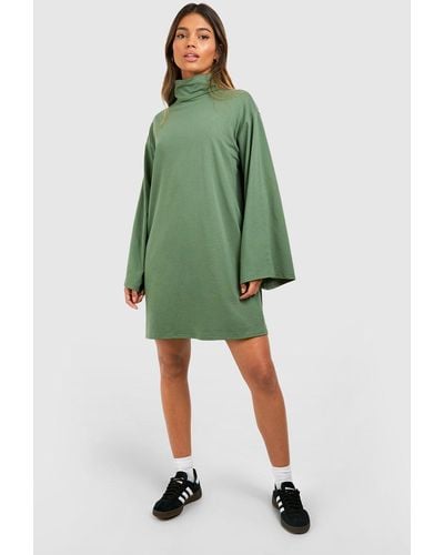 Boohoo Roll Neck Flare Sleeve Cotton T-shirt Dress - Green