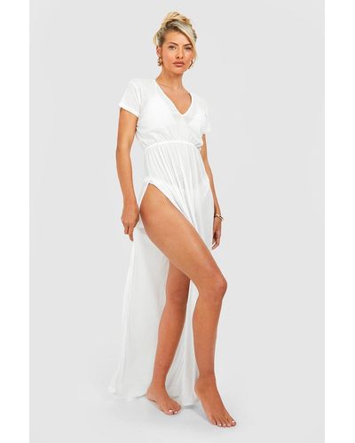Boohoo Sheer Texture Split Beach Maxi Dress - White