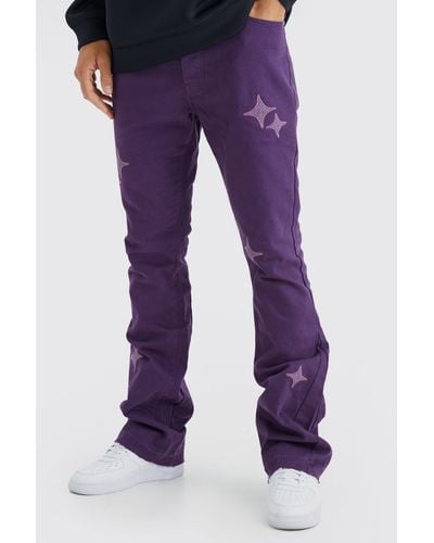 BoohooMAN Tall Fixed Waist Slim Flare Gusset Applique Trouser - Purple