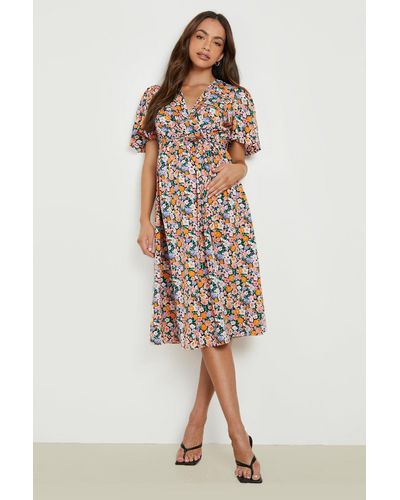 Boohoo Maternity Floral Wrap Belted Midi Dress - Black