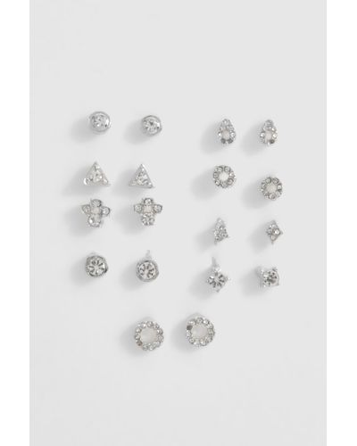 Boohoo Silver Embellished 9 Pack Earrings - Blanco