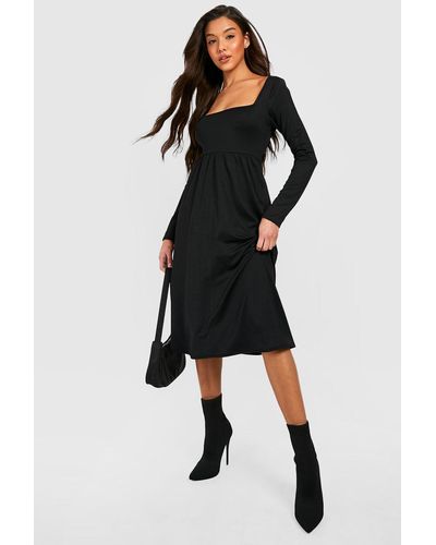 Boohoo Long Sleeve Square Neck Midi Smock Dress - Black