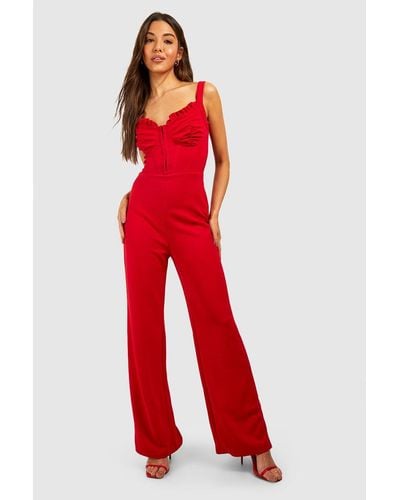 Boohoo Ruched Corset Wide Leg Jumpsuit - Red