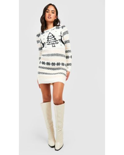 Boohoo Christmas Fluffy Knitted Sweater Dress - White